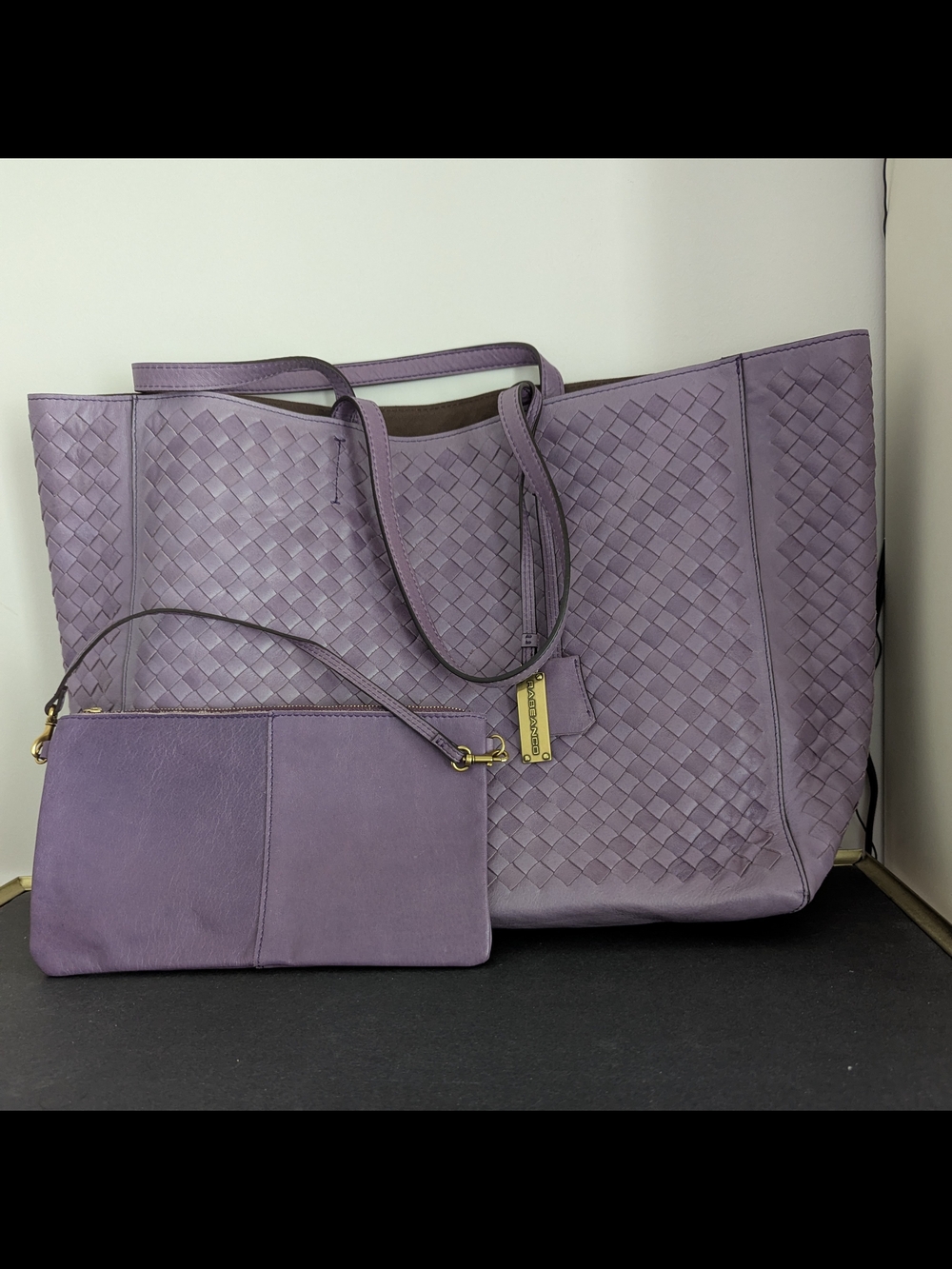 Genuine Leather Lavender Woven XL Tote w/ Detach Pouch, Bag Organizer, Dust bag